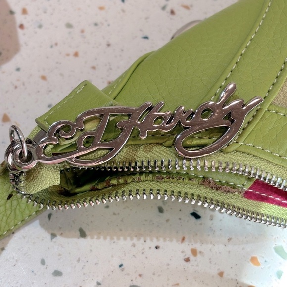 Y2K Ed Hardy LOVE Green Leather‎ Suede Fringe Shoulder Handbag with Crystal Rose - Picture 4 of 15